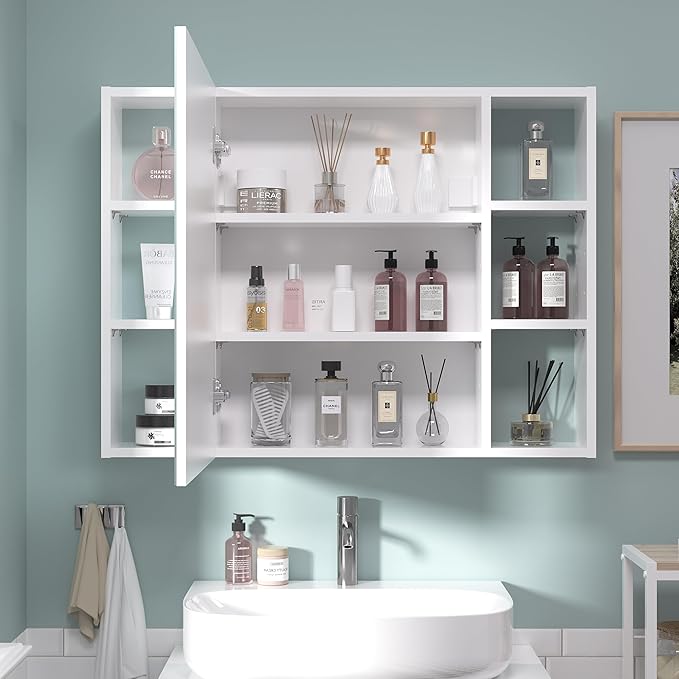 Bathroom Cabinet with Mirror, Wall Cabinet with 2 Mirrored Doors, Adjustable Shelf, Open Compartment, Wall-Mounted, 24x32 Inches, White (Assembly Required)