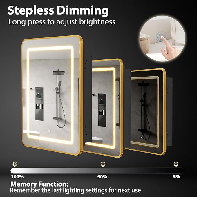 ROOMTEC Lighted Medicine Cabinet with Mirror, Wall Mounted Bathroom Mirror with Storage, Single Doors Bathroom Wall Cabinet with LED Lights,Gold,16"x24"