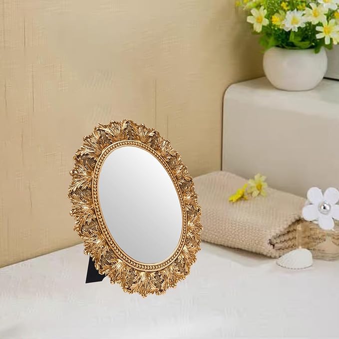 JANDERART Small Oval Vintage Mirror 12.5x10.5 Inch, Antique Ornate Decorative Mirror for Desk & Wall, Vanity Mirror for Makeup, Gold