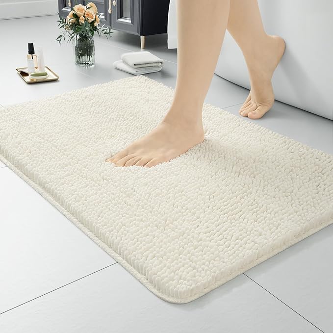 LOCHAS Luxury Bathroom Rug Shaggy Bath Mat 24 x 17 Inch, Washable Non Slip Bath Rugs for Bathroom Shower, Soft Plush Chenille Absorbent Carpets Mats, Cream White