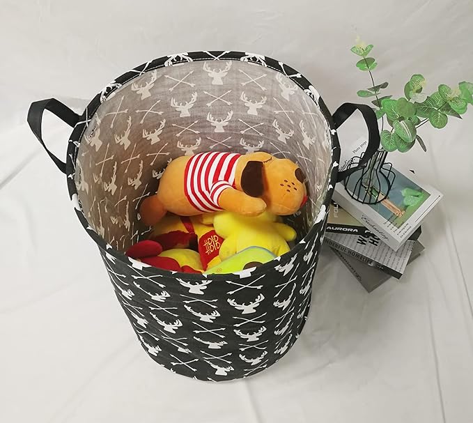 KUNRO Round Laundry Gift Basket Storage Hamper, Clothes Storage Organizer Bins, Shelf Basket with Handles for Room Decor (Deer)