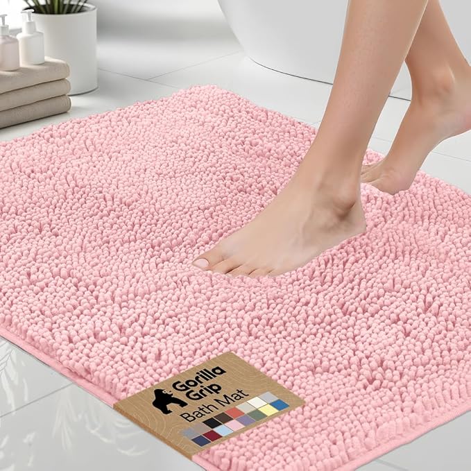 GORILLA GRIP Bath Rug Mat 36x24, Soft Absorbent Chenille, Quick Dry Microfiber Mats, Rubber Backing Washable Shower Floor Rugs, Bathmat Runner, US Designed Bathroom Home Decor Accessories Light Pink