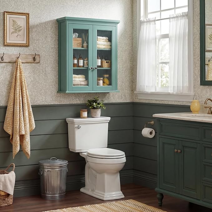 Wall Mounted Bathroom Cabinet with Fluted Glass Doors, Medicine Cabinet with Soft-Close Hinges, Space Saving Wall Organizer for Bathroom Above Toilet Storage (Halcyon Green)