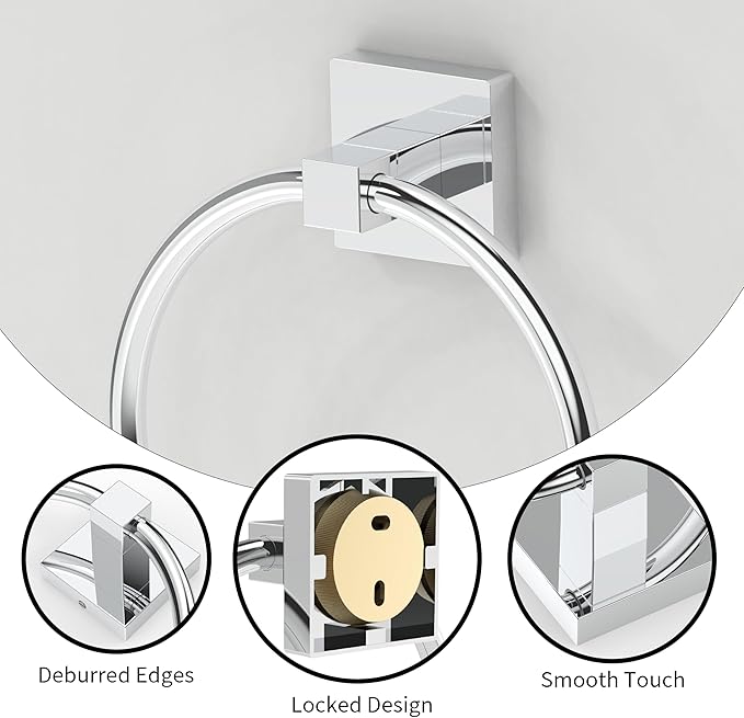 RUACQ Towel Ring for Bathroom 2pcs,Square Base Hand Towel Holder Hangers Wall Mount,Heavy Duty,Stainless Steel(Chrome)