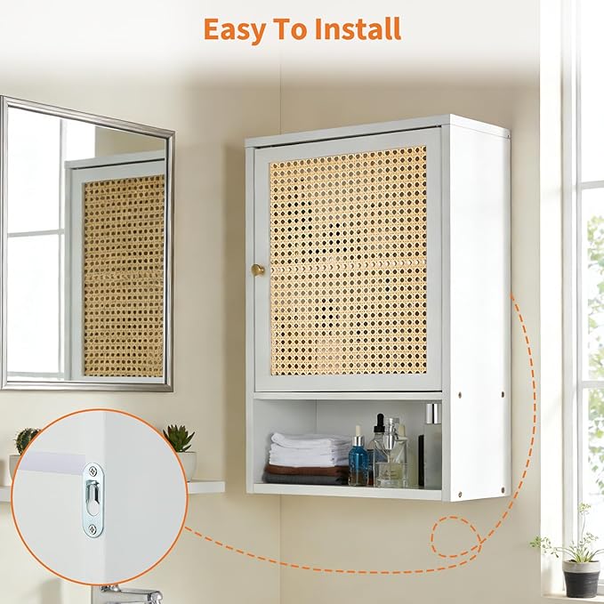 Bathroom Wall Cabinet, Bamboo Medicine Cabinet with Rattan Doors, Adjustable Shelf, Wall Mounted Storage Cabinet for Bathroom, Kitchen, Laundry Room White