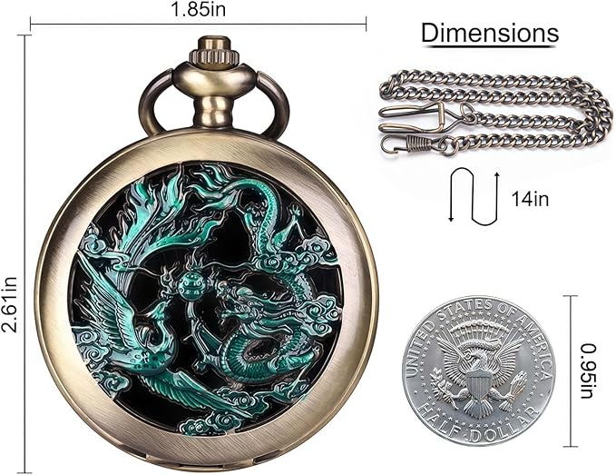 ManChDa Scrying Mirror Black Obsidian Mirror Lucky Dragon & Phoenix Pocket Watch Shell Witchcraft Kit Wiccan Supplies and Tools Witchy Gifts, Bronze Blue