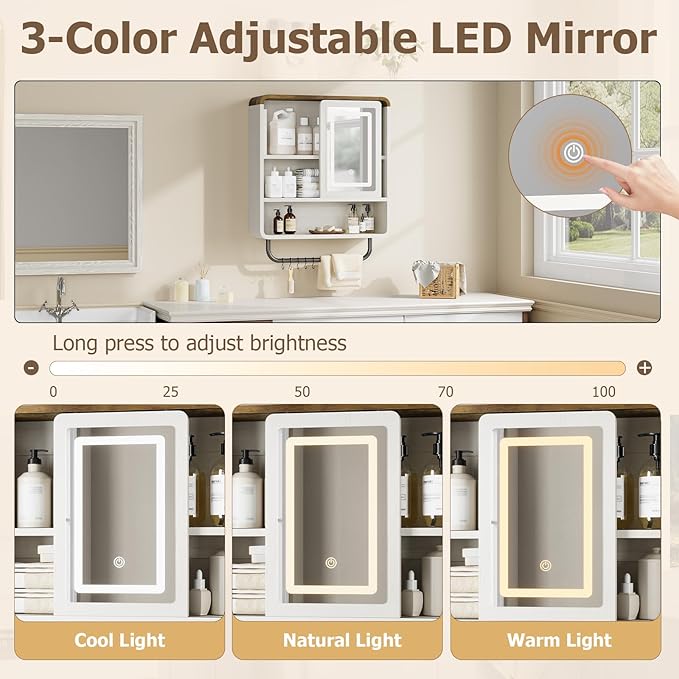 QUW Modern Bathroom Wall Cabinet, Medicine Cabinets with Mirror, Over The Toilet Storage Cabinet for Bathroom, Towel Bar, Sliding Door, 3 Lighting Modes, Adjustable Brightness, Antique White