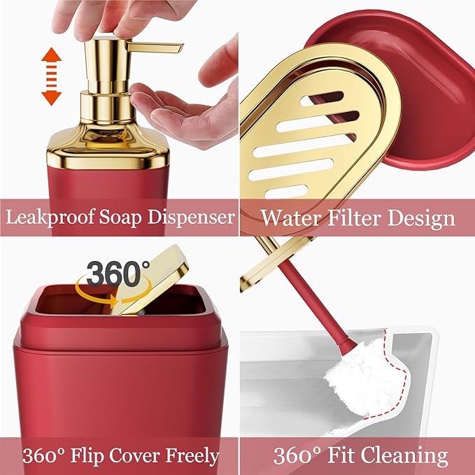 XLHOMO Burgundy Bathroom Accessories Set with Shower Curtain and Rugs, Dark Red Bathroom Accessories with Trash Can,Toothbrush Holder and Cup,Soap Dispenser,Tray,Soap Dish,Toilet Brush,Qtip Holders