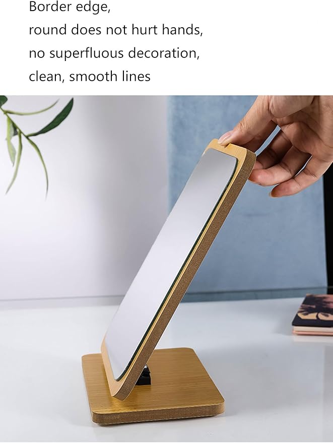 1 PC Rectangular Compact Table Mirror Vertical Wood Frame Mirror Table Mirror 90 Degree Rotation Makeup Mirror Back Stand Makeup Mirror (Vertical)