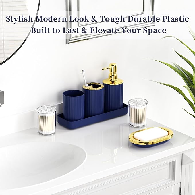 Navy and Gold Bathroom Accessories, Bathroom Sets with Shower Curtain and Rugs, Bath Rugs Accessory Set with Bathroom Trash Can, Soap Dispenser, Soap Dish for Home Decor
