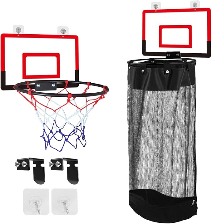 Over the Door Basketball Laundry and Net, Basketball Laundry Hamper Hoop with Zipper, Space-Saving Storage and Organization, for Kids Room, Dorm Rooms, Bathroom
