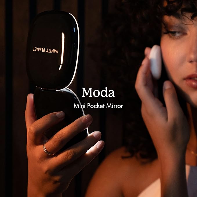 Vanity Planet Pocket Makeup Mirror with Lights & Magnification, Moda - Mini Light-Up Compact & Travel Makeup Mirror - Portable, Adjustable & Rechargeable LED Magnifying Mirror for On-The-Go - Black