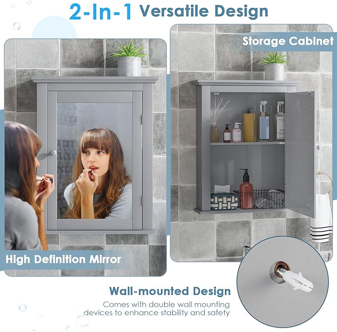 COSTWAY Bathroom Medicine Cabinet with Mirror, Wall-Mounted Storage Cabinet Organizer with 5-Position Adjustable Shelf, Hanging Bathroom Wall Cabinet for Living Room Bedroom Entryway (Grey)
