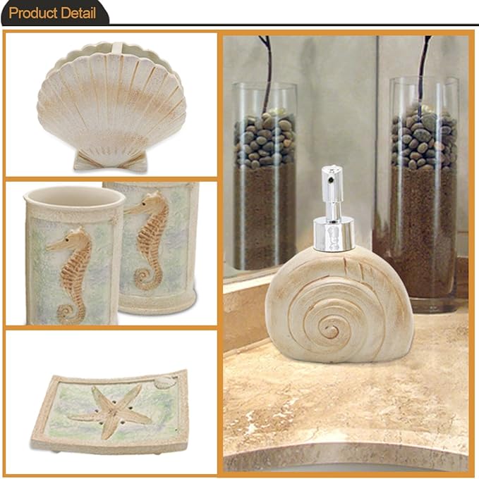 Set, 5 PCS Beach Seashells Ensemble Set Includs Soap Dispenser, Soap Dish, Tumbler, Toothbrush Holder - Ivory Polyresin Set for Home, Office, Superior Hotel