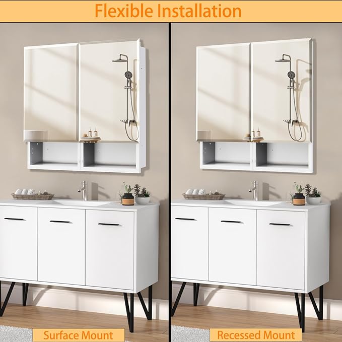 32 x 26 Inches Bathroom Medicine Cabinet with Mirror, Double Door Bathroom Mirror Cabinet, Surface or Recessed Mount White Storage Cabinet, Frameless Beveled Edge Wall Mounted Mirror Cabinet