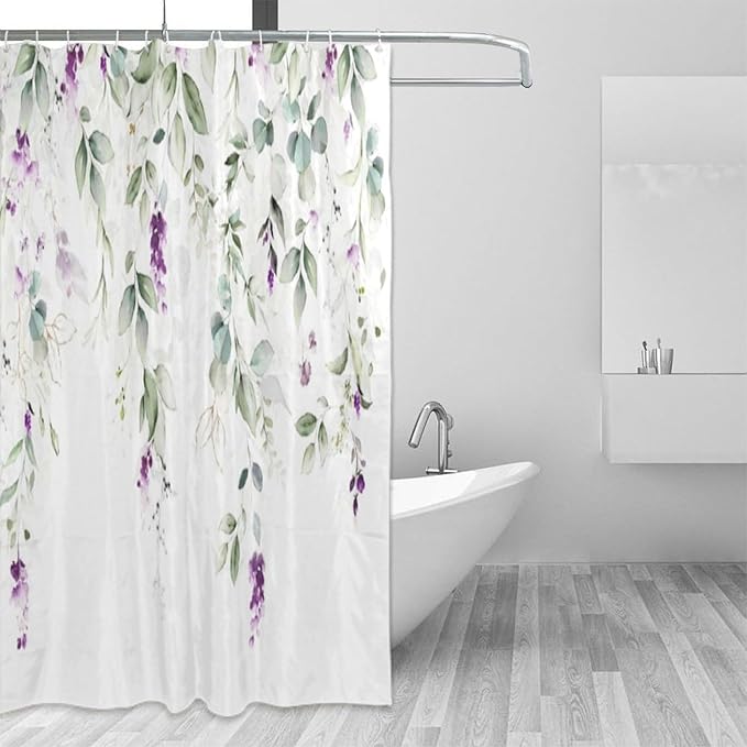 Purple Floral Shower Curtain Watercolor Flowers Modern Minimalist Wildflower Bathroom Decor Fabric Curtains with Hooks 66x72 Inches(168x183cm)
