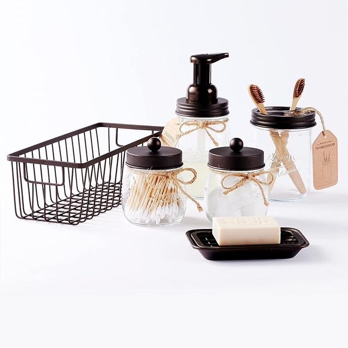 SheeChung 6Pack Mason Jar Bathroom Accessories Set - Foaming Soap Dispenser, Toothbrush Holder, 2Pack Qtip Holders, Bathroom Sink Set, Guest Towel Holder- Bronze