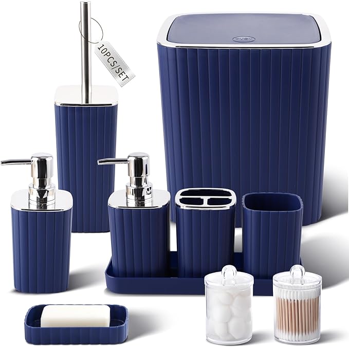 XLHOMO Navy Blue Bathroom Accessories Set - Gorgeous Bathroom Set, 10PC Bathroom Accessory Set, Toilet Brush, Trash Can, Qtip Holder & Soap Dispenser