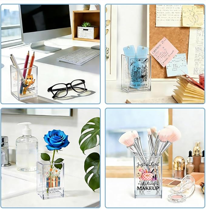 Better Late Than Ugly Acrylic Makeup Brush Organizer Holder, Cute Cat Desk Storage Organizer, Office Gifts for Coworker Boss Female, Self Affirmation Gifts for Cat Lover Friend Makeup Artist