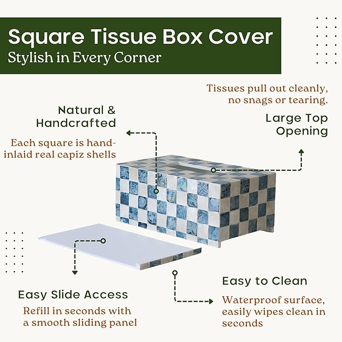 CHI AN HOME Rectangle Checkered Tissue Box Cover Handmade with Capiz Shells, Decorative Tissue Box Holder for Living Room, Bathroom or Kitchen Counter (Navy Blue)