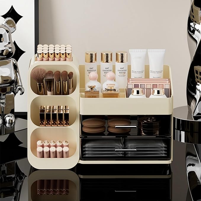 Makeup Organizer for Vanity, Large Capacity Cosmetic Display Case with Clear Acrylic Drawer, Countertop Beauty Storage Holder for Skincare, Brush Eyeshadow Lipstick Counter Desk, Crystal Cream