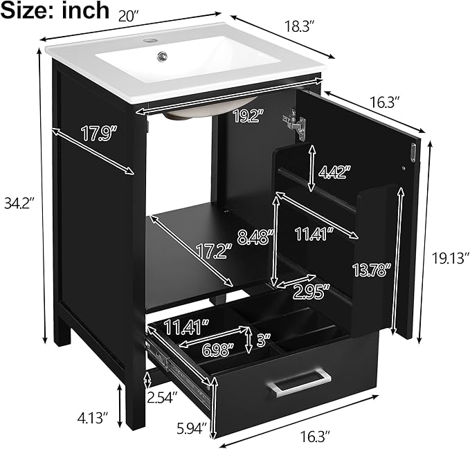 Virubi 20" Small Bathroom Vanity with Sink, Soft-Close Drawer and Door, Wood Modern Single Bathroom Sink Cabinet with Doors and Shelves, Adjustable Foot Pads, for Small Space (Black)