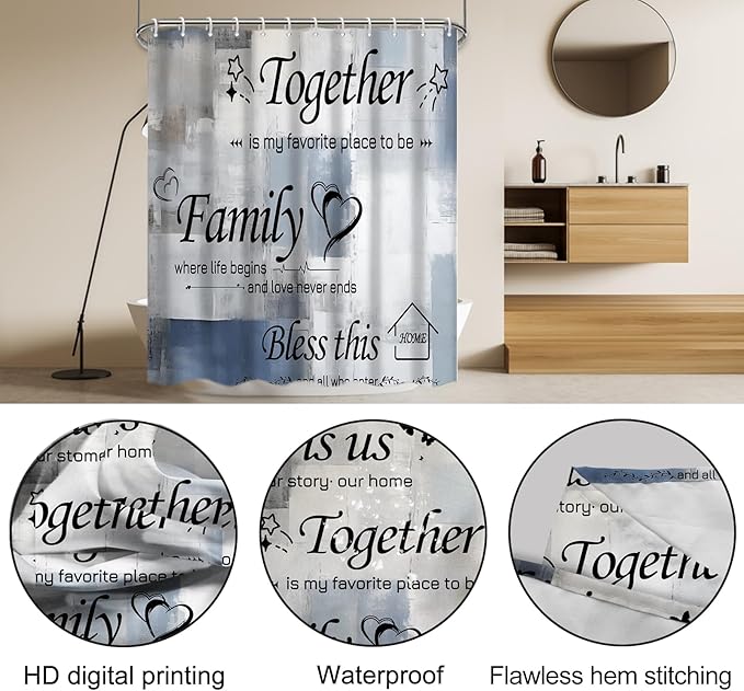 Lnond 4Pcs Bathroom Shower Curtain Sets with Rugs, Navy Blue Motivational Home Family Bathroom Sets with Shower Curtain and Rugs and Accessories