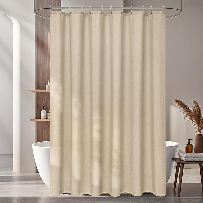 Linen Look Farmhouse Thick Fabric Shower Curtain Brown, Faux Linen Textured Country Rustic Shower Curtains Water-Resistant, 72 x 72 Inch Tan Taupe Heavyweight Shower Curtain for Bathroom Hotel