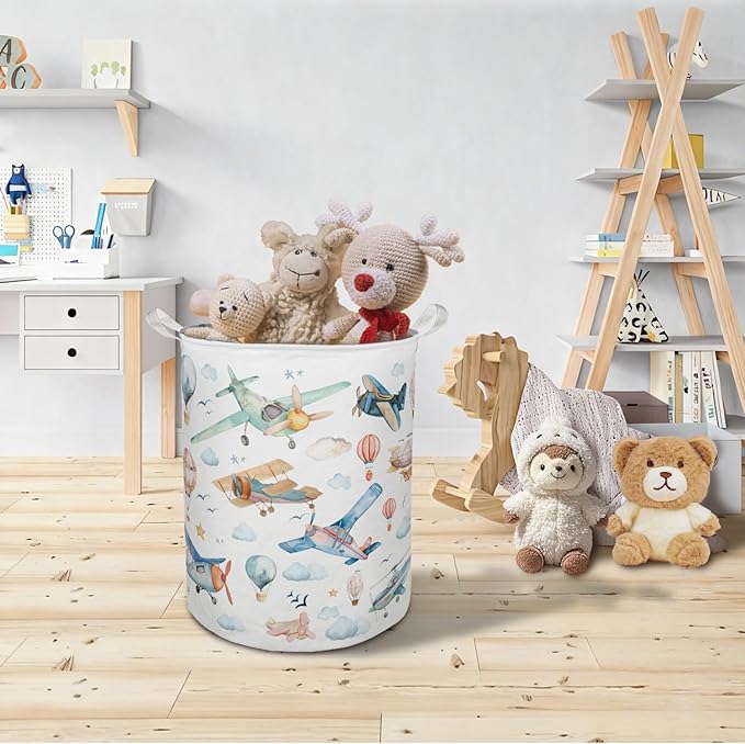 Baby Airplanes Laundry Basket Hamper, Space Kids Nursery Decor, Hot Air Balloon Foldable Clothes Toys Books Storage Box Bins Baskets Organizer for Kids Boys Bedroom Playroom Bathroom
