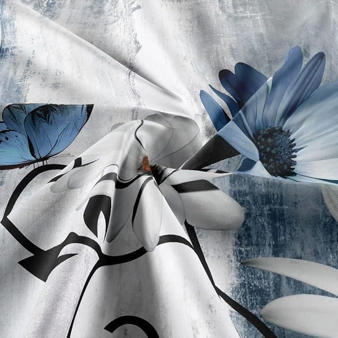 NBVKO 4PCS Rustic Blue Flower Farmhouse Shower Curtain Set,Waterproof Blue Daisy Floral Bathroom Decor Accessory Set
