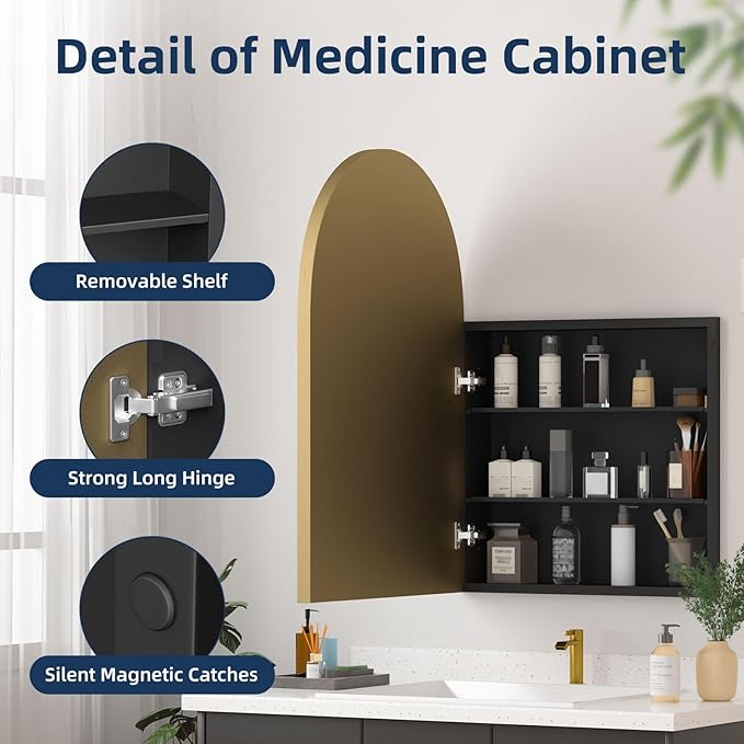 Medicine Cabinets for Bathroom, Brush Gold Arched Medicine Cabinet Recessed or Surface Wall-Mounted,Modern Bathroom Vanity Mirror with Storage, Mirrored Cabinet with Adjustable Shelves,20x30 Inch