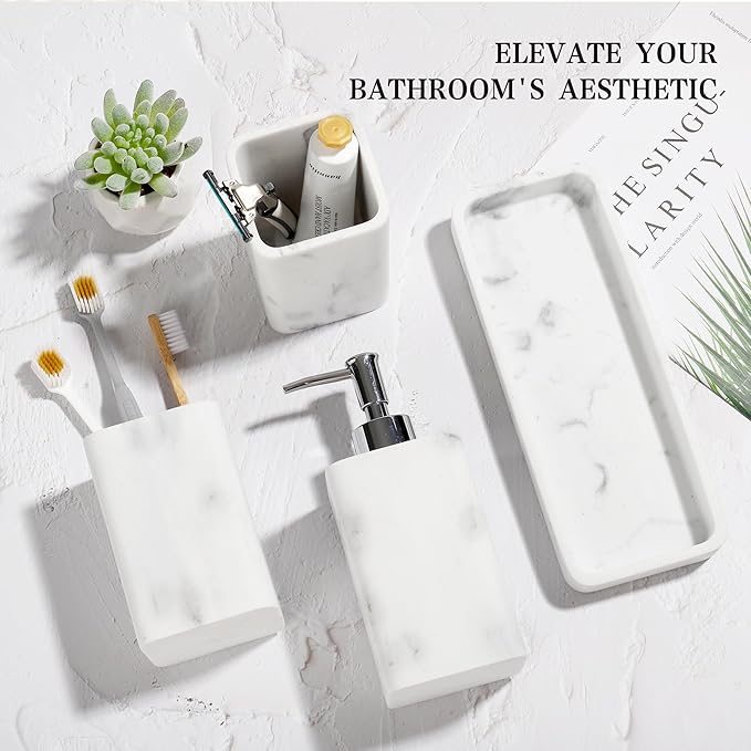 YMXYJM Bathroom Accessories Set, 4 Pcs Bathroom Accessory Set, Soap Dispenser, Toothbrush Holder, Qtip Holder Set, Bathroom Sets Complete, Bathroom Sink Set for Modern Home Decor, White