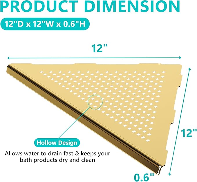 Qeke 2 Pack Bathroom Corner Shelf, Recessed 12" Corner Shower Shelf, SUS304 Stainless Steel Triangular Wall Mount, No Drilling, Brushed Golden