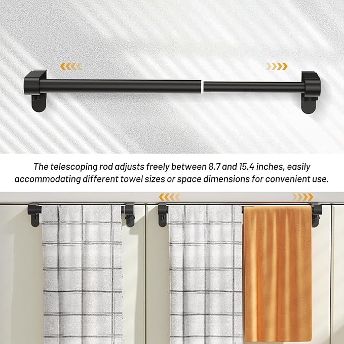 VEHHE Kitchen Towel Holder, Hand Screwed Telescopic Kitchen Towel Rack No Tools Required, Adjustable Length and Width Over The Cabinet Door Towel Rack with EVA Foam Pad (Black)