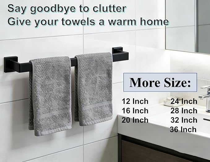 2 Packs 32 Inch Bathroom Towel Bar SUS304 Stainless Steel Matte Black Towel Holder Wall Mounted Heavy Duty Towel Rack Bathroom Towel Rod Modern Square Base Design(2, Matte Black, 32 Inch)