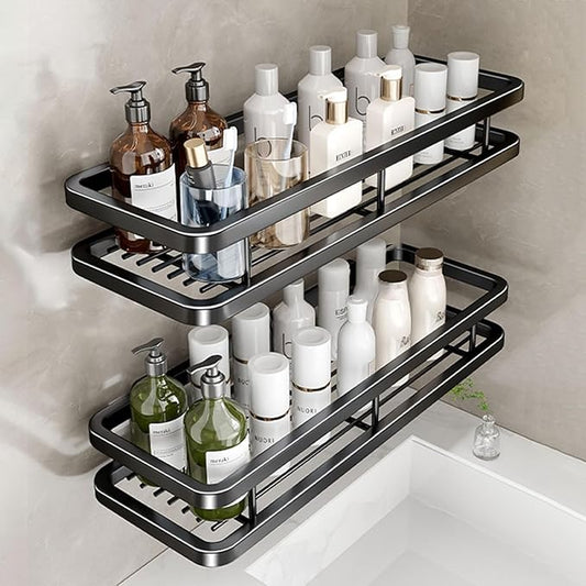 Wall Mounted Bathroom Shelves, Bathroom Storage Box with Protection Railing, Freestanding Kitchen Organizer (Color : 15.7inch, Size : Black Double)