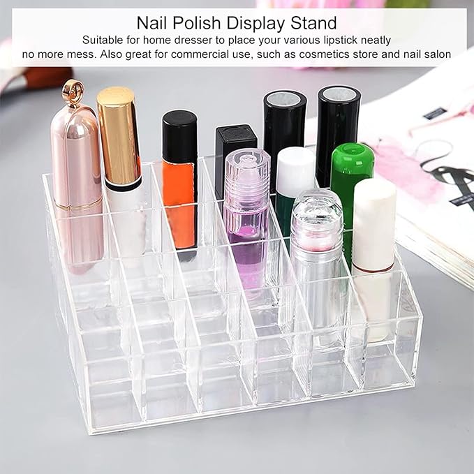 Greensen 24 Grids Lipstick Holder Clear Acrylic Organizer Makeup Storage Trapezoid Transparent Stand for Home Commercial Use