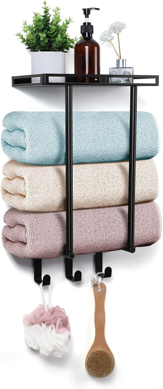 Wall Mounted Towel Racks for Bathroom, Onader 15 Inch Black Bath Towel Holder with Metal Shelf and 3 Hooks