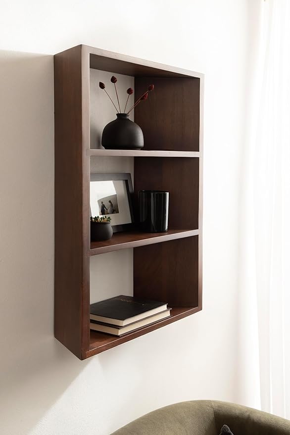 Kate and Laurel Akita Modern Angled Three-Tier Wall Shelf, 20 x 6 x 26, Walnut Brown, Decorative Over The Toilet Shelf for Use as Bathroom Storage or Living Room Display Shelving