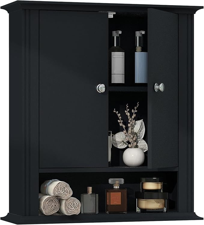 Bathroom Cabinet Wall Mounted| Over the Toilet Storage Cabinet with 2 Doors & Adjustable Shelf, Hanging Wall Cabinet, Upper Cabinet Storage Cupboard for Bathroom,Kitchen,Laundry Room, Black