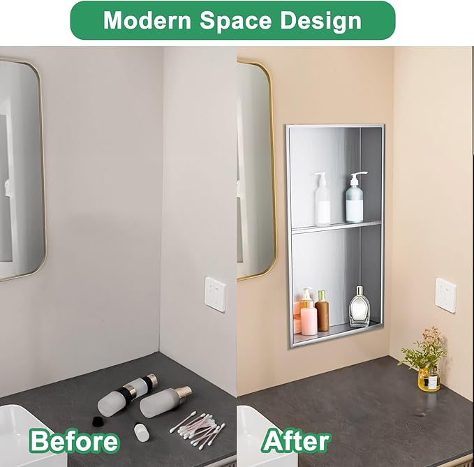 SaniteModar Shower Niche, Stainless Steel Shower Niche No Tile Needed, Recessed for Bathroom Storage (Brushed Silver, 12x24,Double)