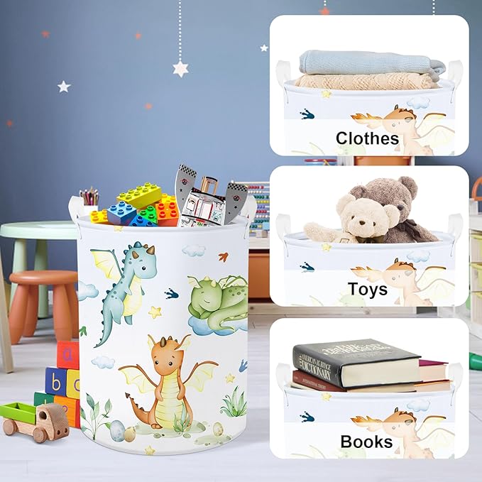 Clastyle Blue Dragon Kid Laundry Hamper with Lid Flying Dino Collapsible Laundry Basket with Handles Star Cloud Clothes Towel Toy Storage Basket for Boy Girl Nursery