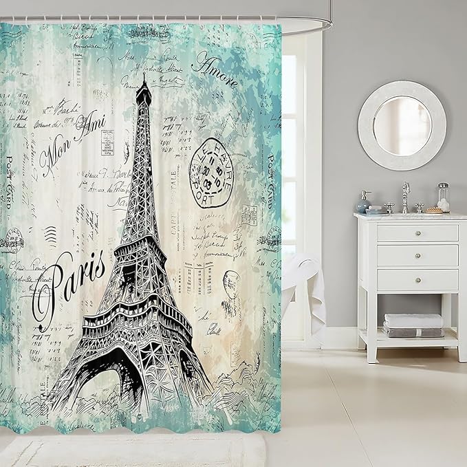 Feelyou Eiffel Tower Bath Curtain - Chic Retro Paris Theme Kids Vintage Paris Cityscape Shower Curtain - 72"x72" Teal Waterproof Fabric Set