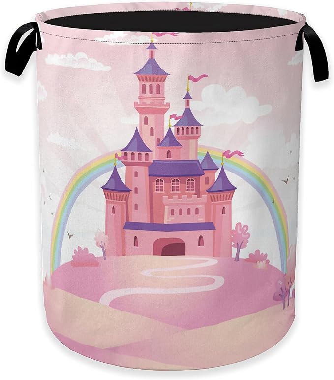 Pink Castle Laundry Basket,Princess Clothes Hamper,Oxford Cloth Collapsible Nursery Hamper Storage Organization for Bedroom,Bathroom,Office,College Dorms,16x20 Inch