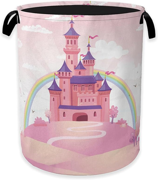 Pink Castle Laundry Basket,Princess Clothes Hamper,Oxford Cloth Collapsible Nursery Hamper Storage Organization for Bedroom,Bathroom,Office,College Dorms,16x20 Inch