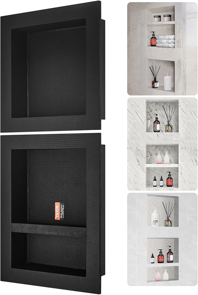 VEVOR Shower Niche Ready for Tile 16" x 16" & 16" x 20", Triple Shelf Organizer, Square Corners Wall-Inserted Niche Recessed, Sealed Protection Modern Soap Storage Niche for Shower Bathroom, Black