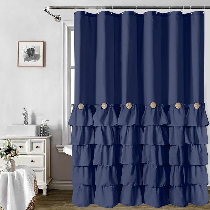 Seasonwood Navy Blue Shower Curtain for Bathroom Ruffle Shower Curtain 72 X 78 Inches Farmhouse Shower Curtains with Buttons & Blue Ruffles