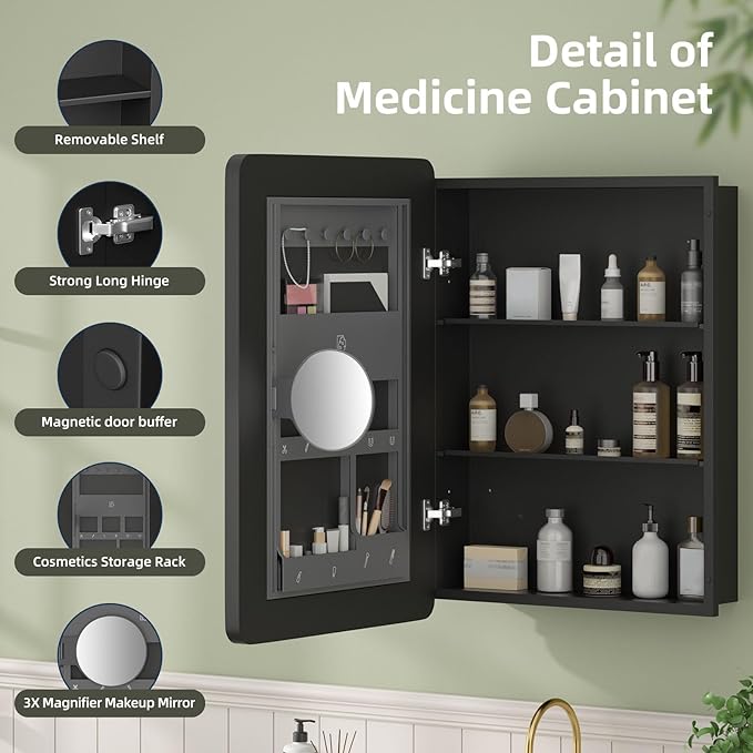 20×28 Black Medicine Cabinet with Mirror, Bathroom Medicine Cabinet with Mirror for Vanity Wall Mounted & Recessed with Cosmetics Storage Rack, 2 Stable and Removable Shelves, Easy Installation