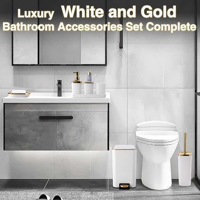 XLHOMO White Bathroom Accessories Set 8 Piece White and Gold Bathroom Set, Bathroom Sets with Stainless Steel Trash Can,Toilet Brush,Toothbrush Set,Soap Dispenser