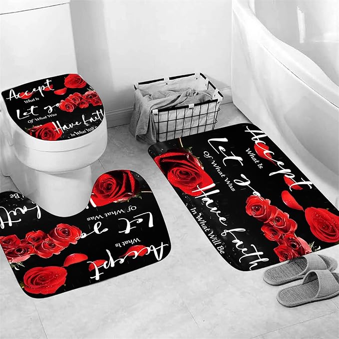 Yddsky 4 Pcs Red Rose Shower Curtain Sets with Rugs Black Blessed Bathroom Sets with Shower Curtain and Rugs Bathroom Curtains Shower Set with Toilet Lid Cover for Women Bathroom Decor Accessories